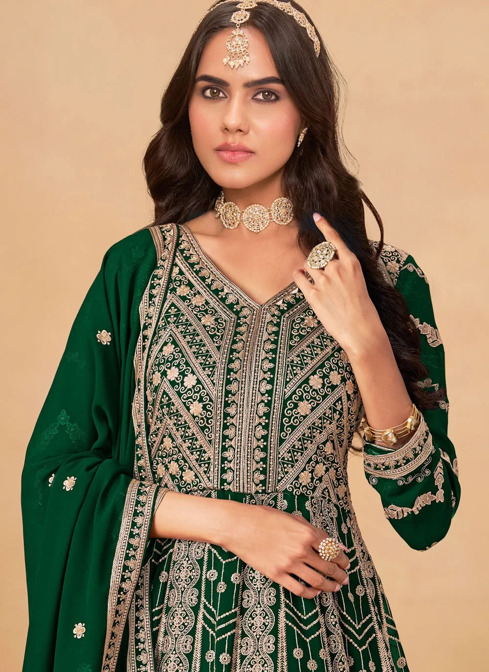 Green abaya style suit in faux georgette with front and back embroidery work
