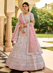 Graceful Light Grey Crepe Lehenga with Zari Work and Net Dupatta