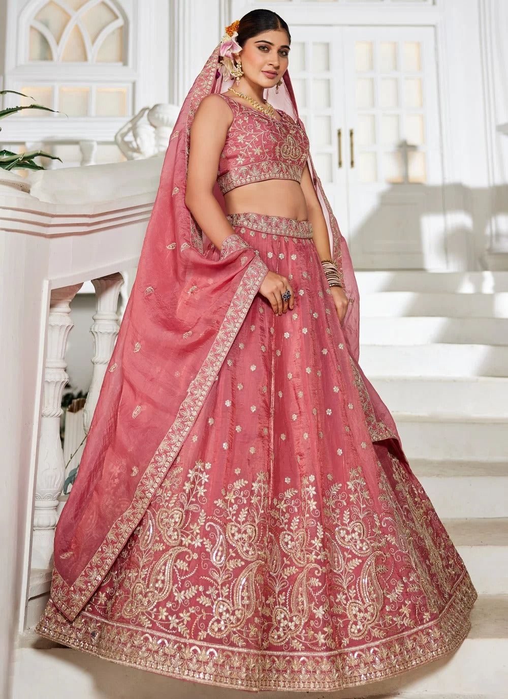 Graceful Pink Golden Tissue Wedding Lehenga with Sequins & Embroidery