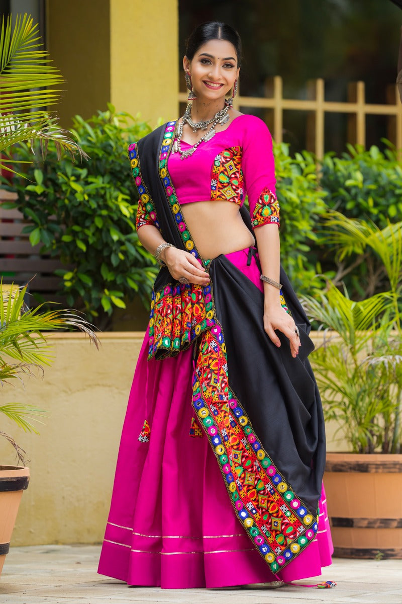 Graceful Rani Pink Pure Cotton Navratri Lehenga with Gota Lace and Gamthi Work Set