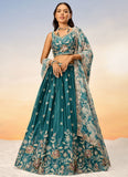 Graceful Teal Poly Chiffon Reception Wear Lehenga Choli with Net Dupatta