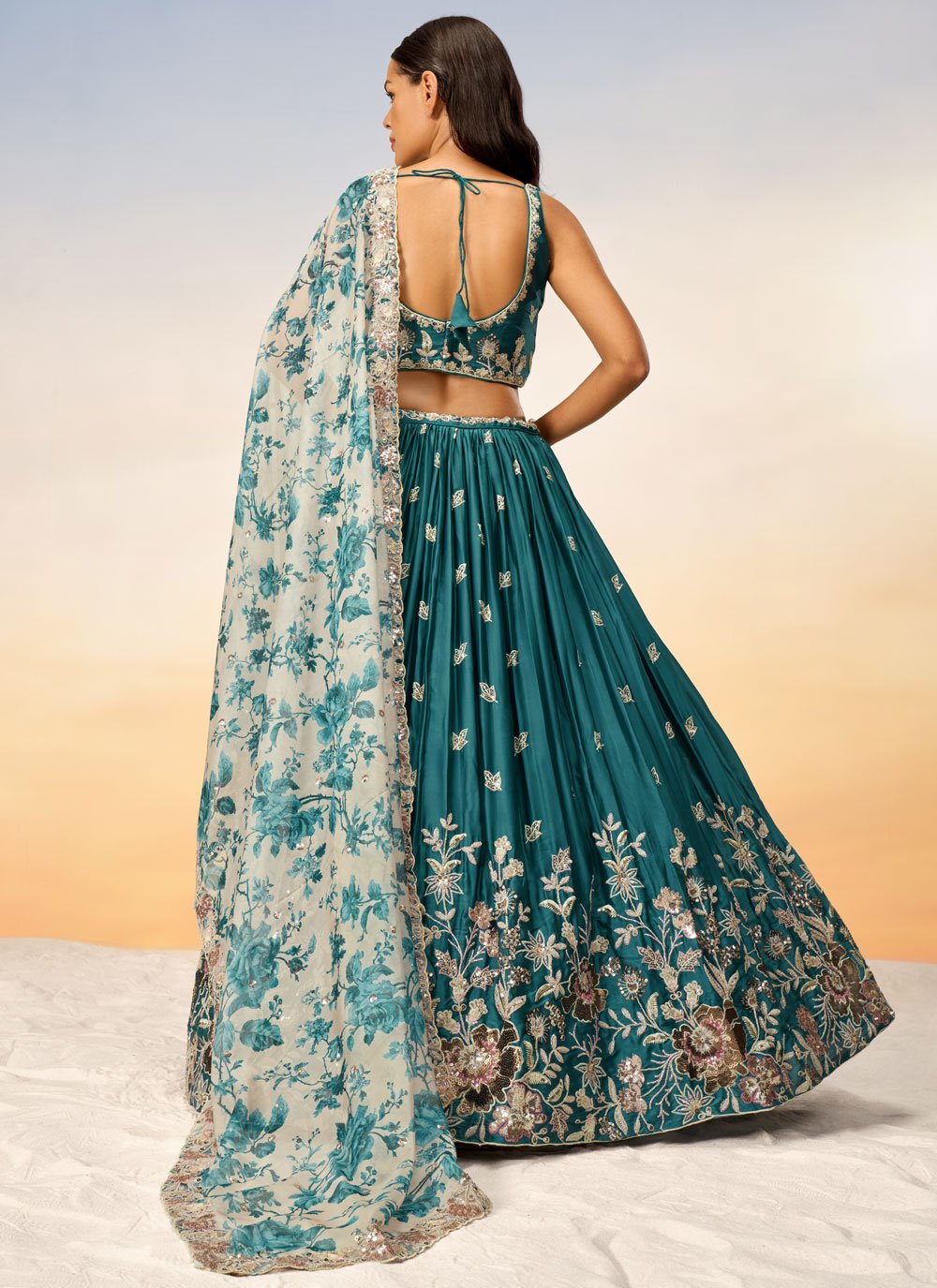 Graceful Teal Poly Chiffon Reception Wear Lehenga Choli with Net Dupatta