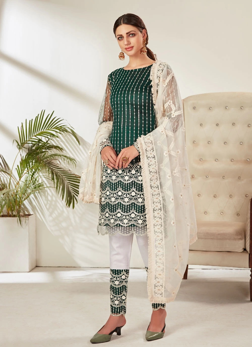 Green Butterfly Net embroidered Pant Style Suit