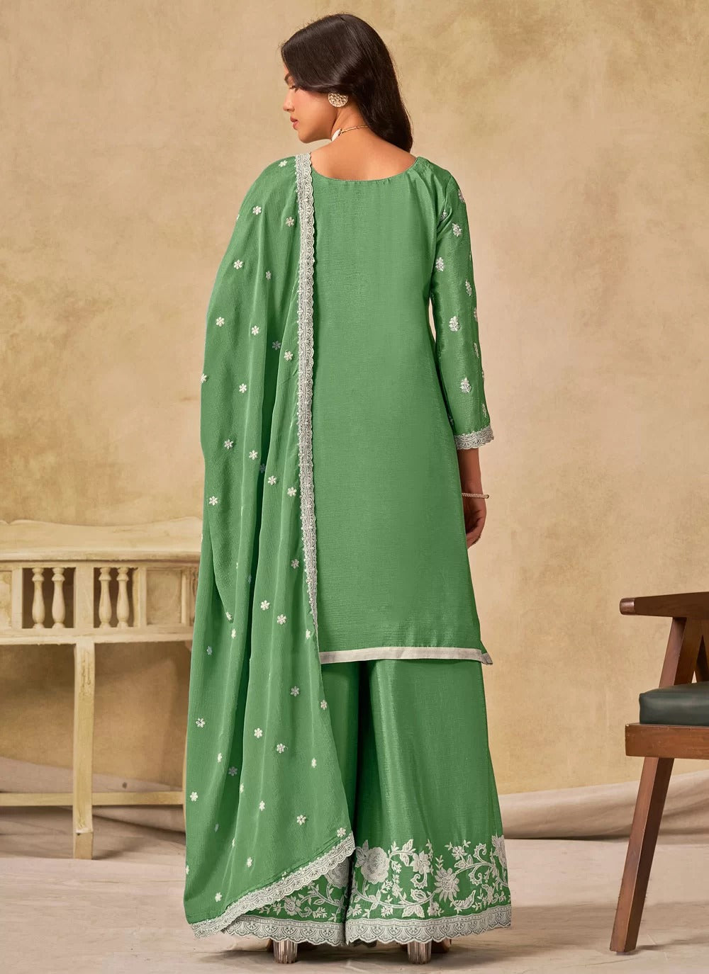 Gorgeous Green Chinnon Silk Embroidered Palazzo Salwar Suit | Festive Wear Custom Stitched Gorgeous Green Chinnon Silk Embroidered Palazzo Salwar Suit | Festive Wear Custom Stitched