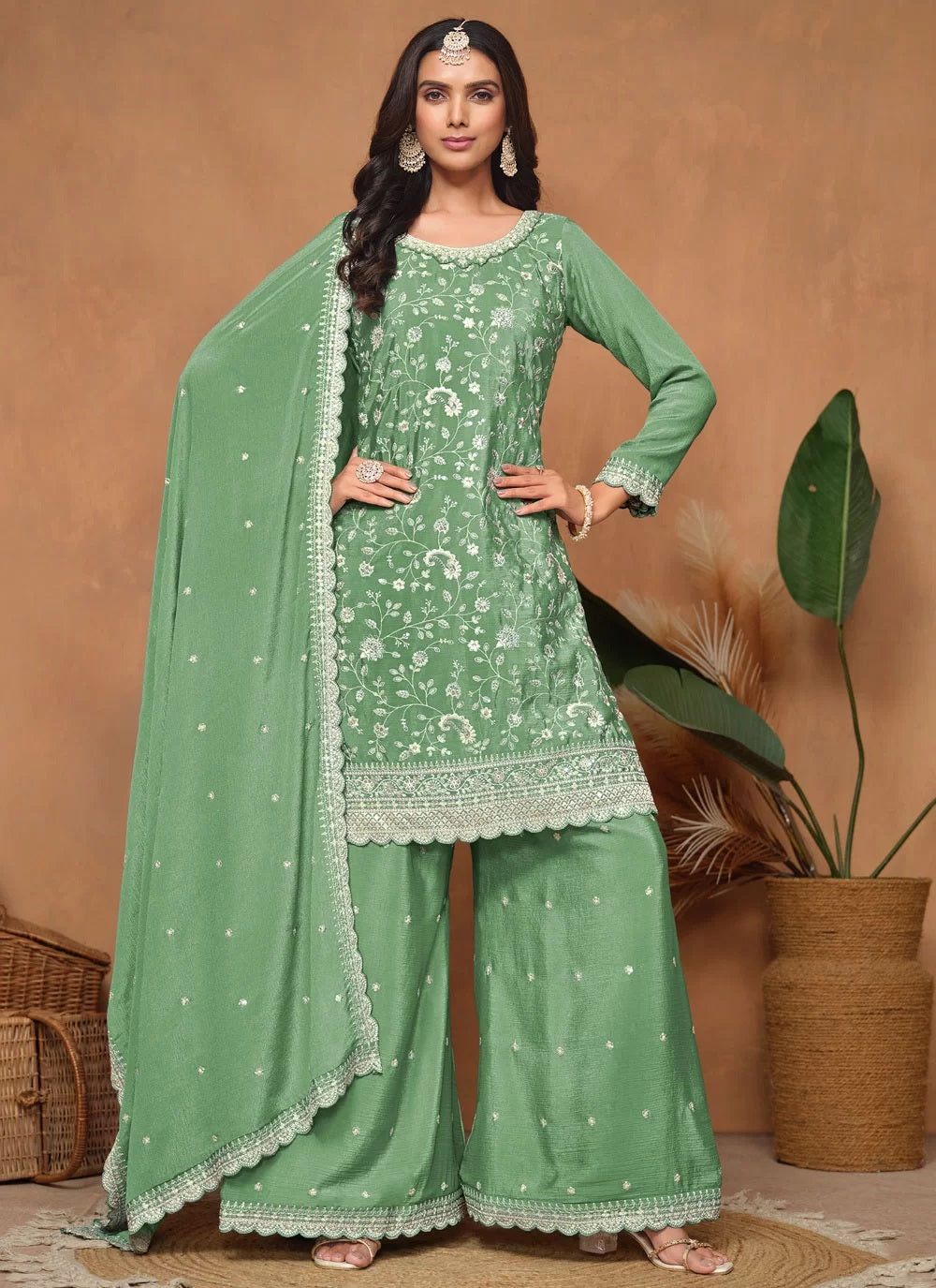 Green Chinon Palazzo Suit With Dupatta and Sequins Work