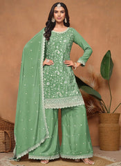 Green Chinon Palazzo Suit With Dupatta and Sequins Work