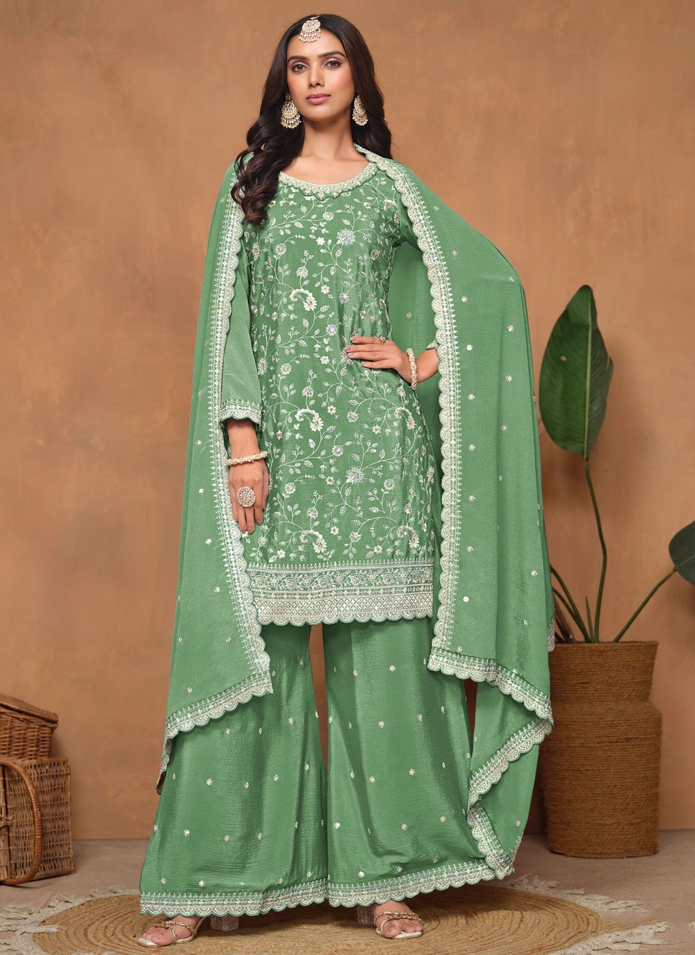 Green Chinon Palazzo Suit With Dupatta and Sequins Work