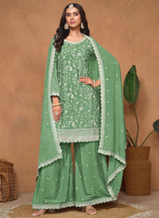 Green Chinon Palazzo Suit With Dupatta and Sequins Work