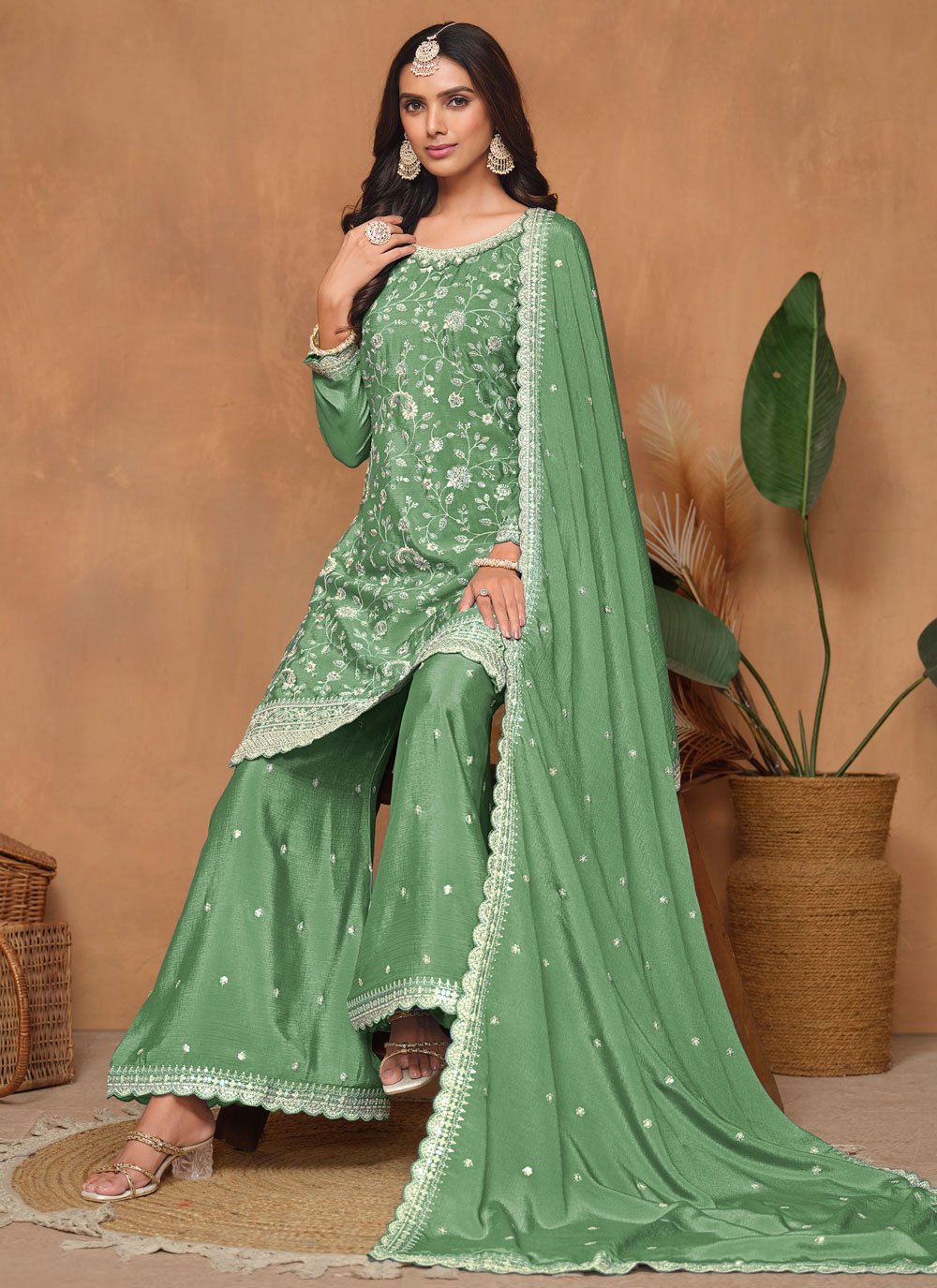 Green Chinon Palazzo Suit With Dupatta and Sequins Work