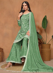 Green Chinon Palazzo Suit With Dupatta and Sequins Work