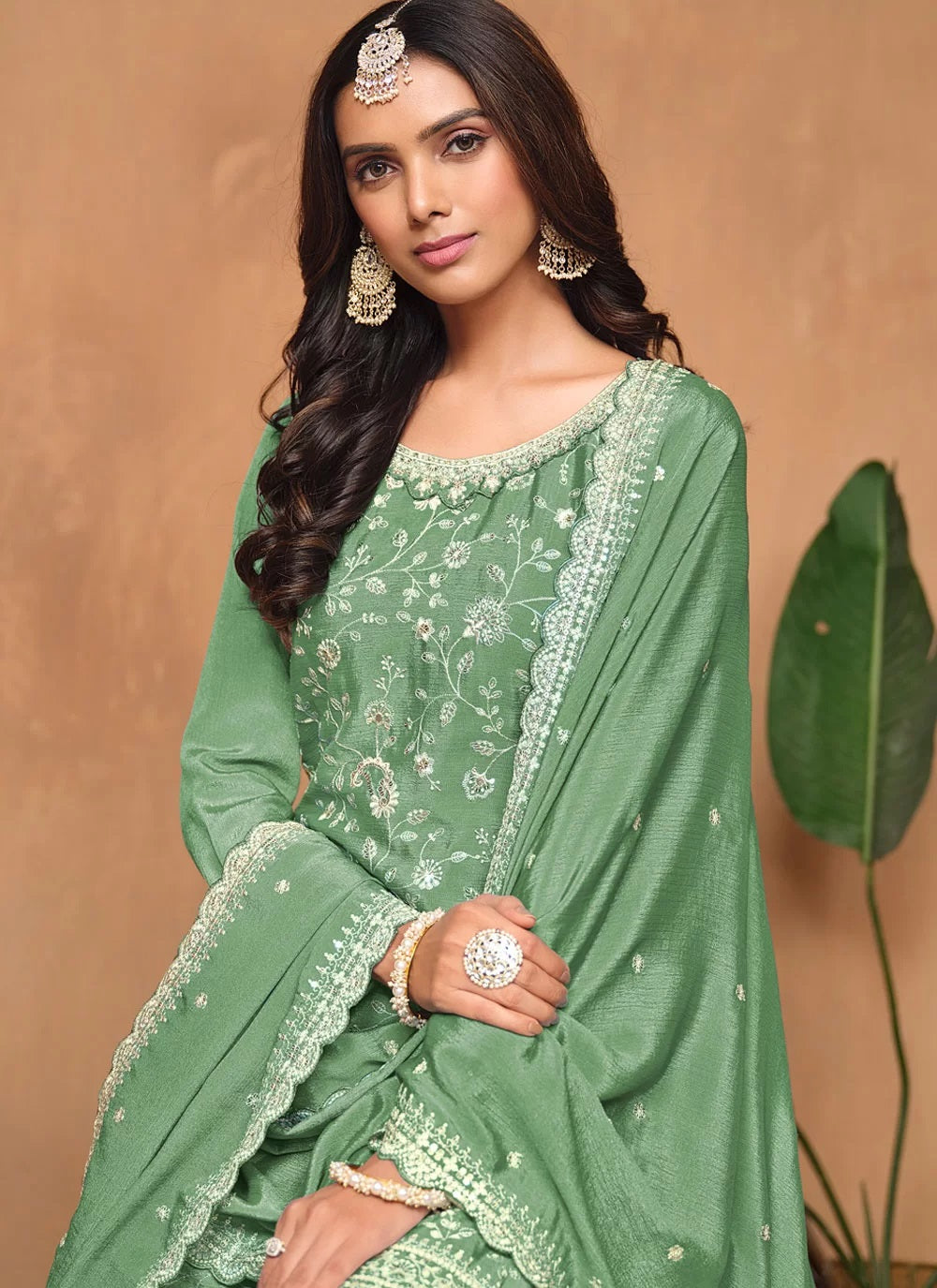 Green Chinon Palazzo Suit With Dupatta and Sequins Work