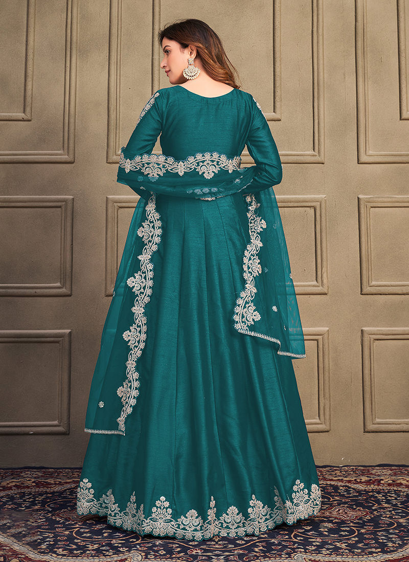 Green Color Art Silk Wedding Anarkali Suit