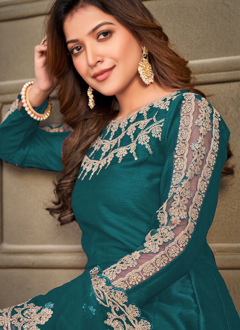 Green Color Art Silk Wedding Anarkali Suit | Zari Embroidered | Regal Charm Unstitched Green Color Art Silk Wedding Anarkali Suit | Zari Embroidered | Regal Charm Unstitched