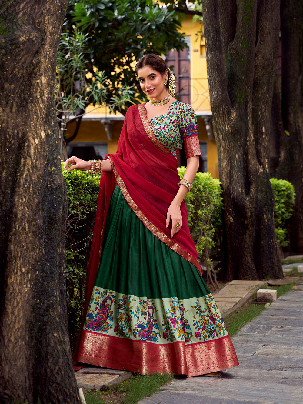 Green astha silk zari weaving lehenga choli