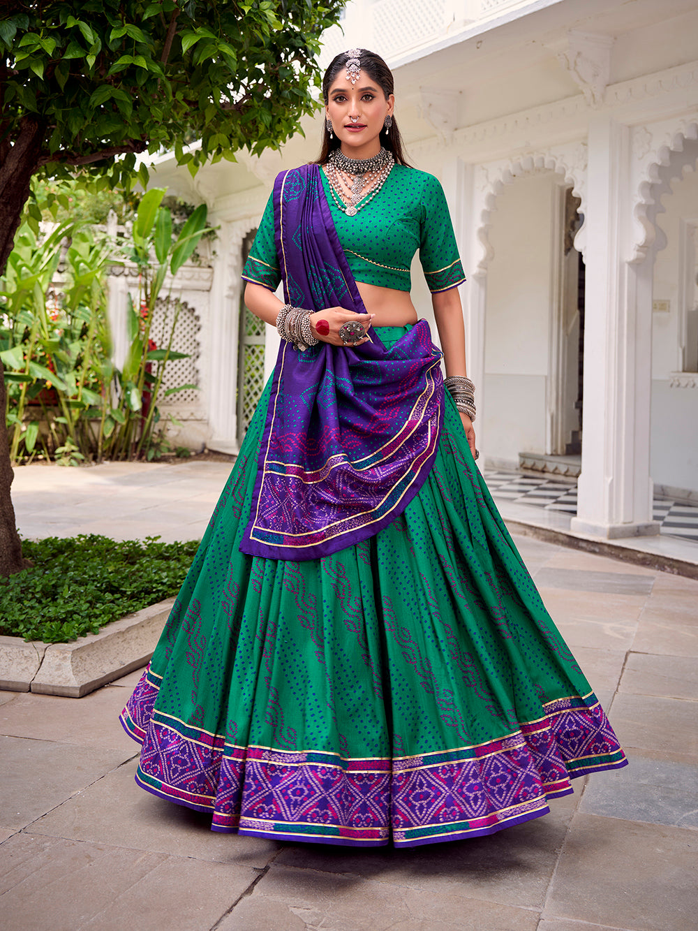 Green tasar silk bandhej print lehenga choli