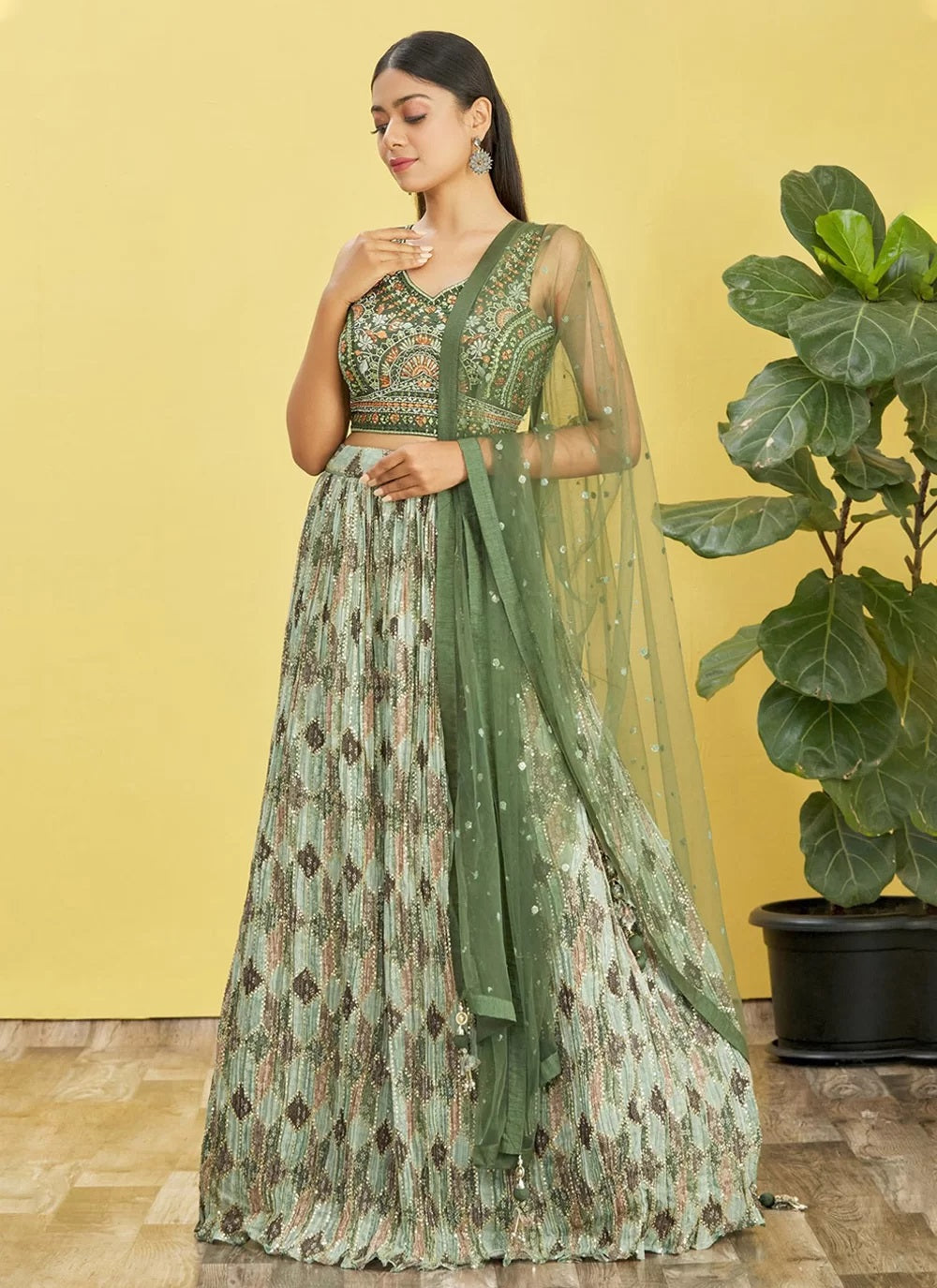 Green Color Chinnon Mirror zari and sequis work Indian wedding Lehenga