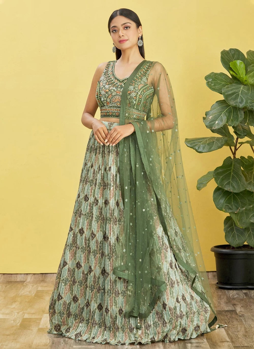 Green Color Chinnon Mirror zari and sequis work Indian wedding Lehenga
