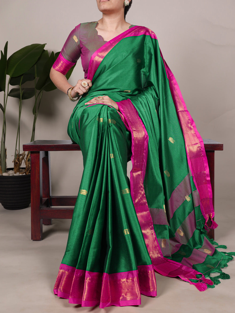 Green cotton silk saree with weaving work