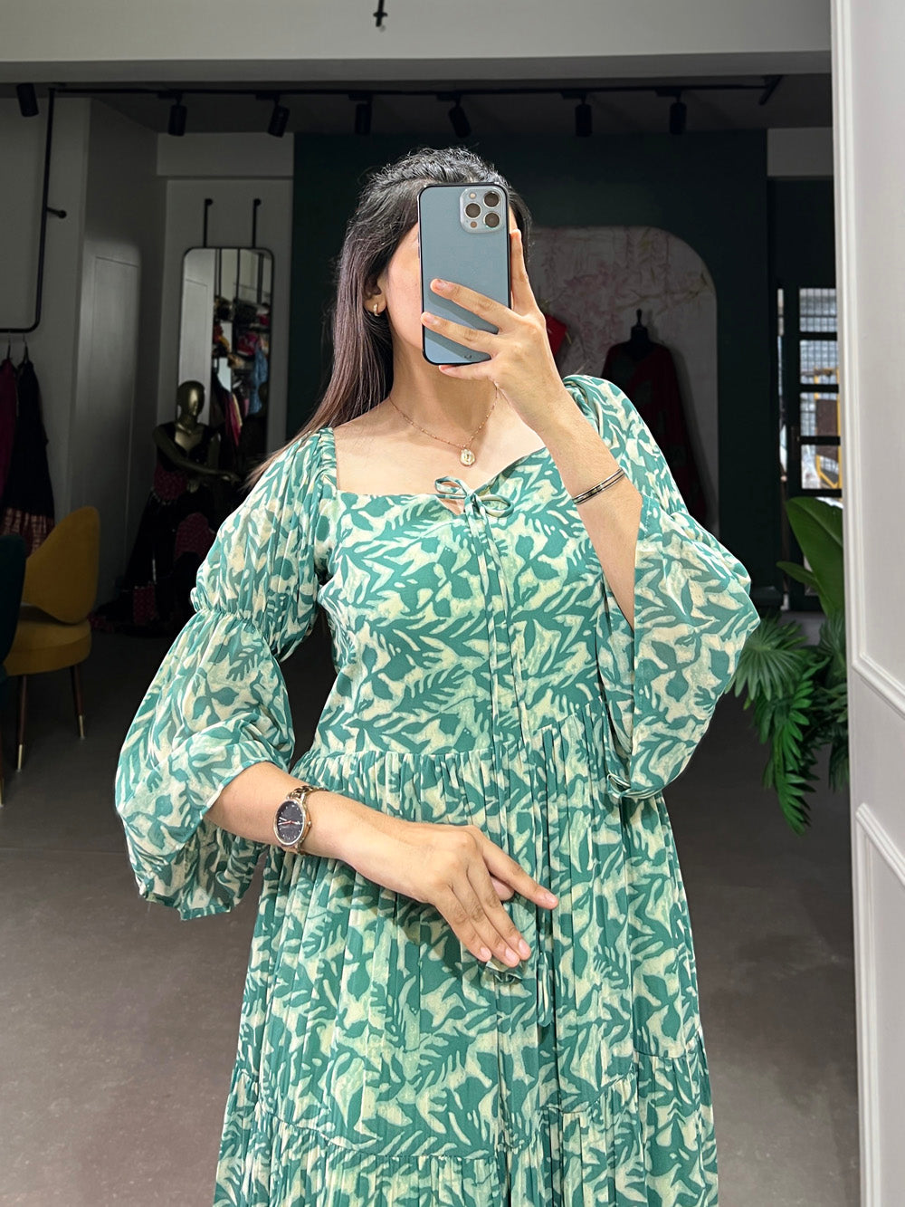 Green Color Printed Georgette Dress
