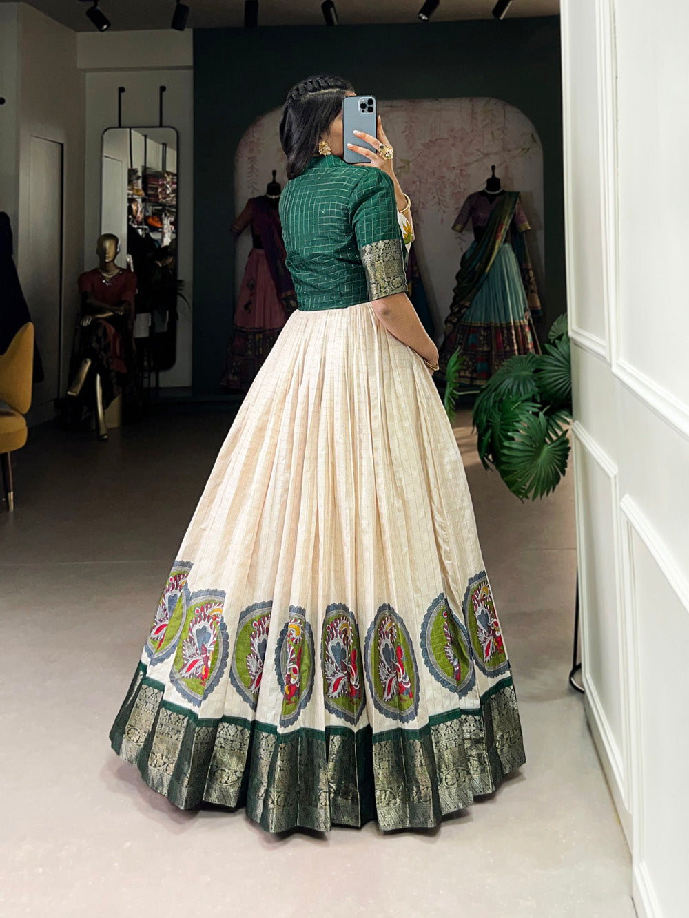 Green Color Kalamkari Print With Zari Weaving Border Dola Silk Gown