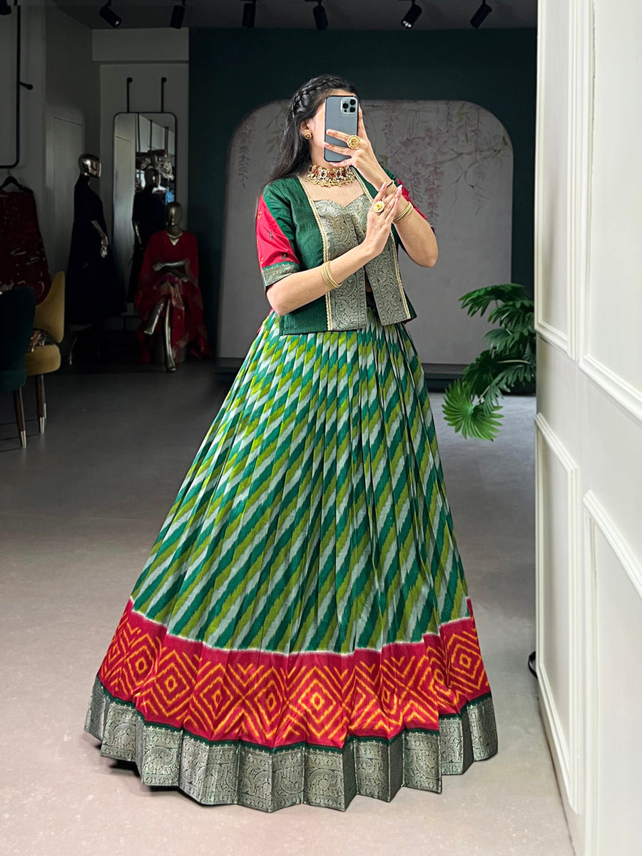 Green tasar silk leheriya print co-ord set