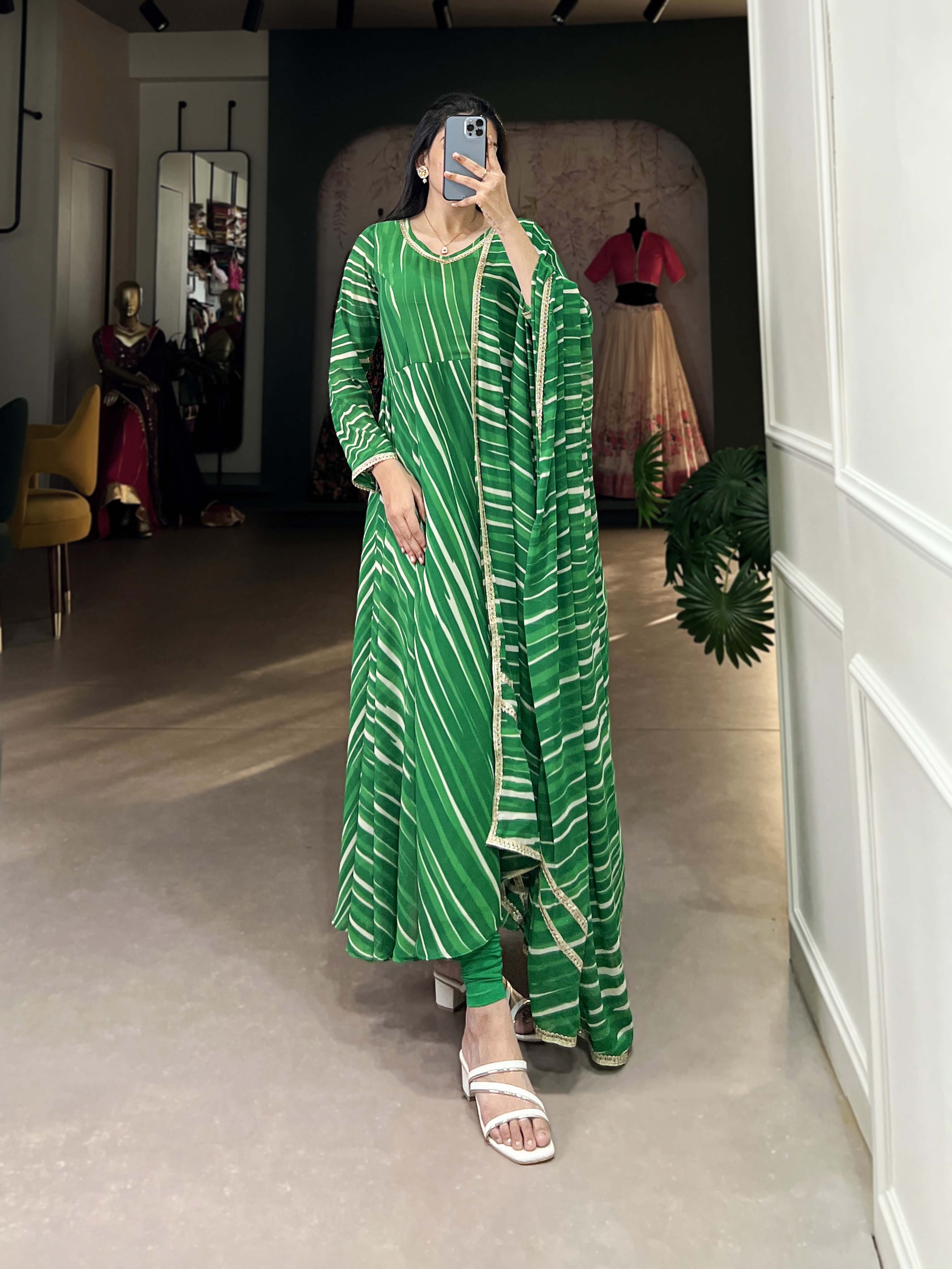 Green Color Leheriya With Lace Touch Up Georgette Gown