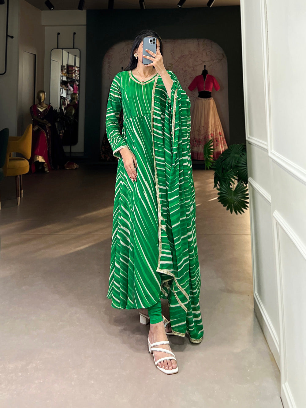 Green Color Leheriya Print With Lace Touch Up Georgette Gown