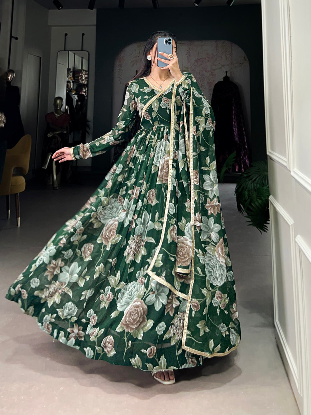 Green Color Floral Print With Lace Border Marbel Gown
