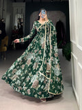 Green Color Floral Print With Lace Border Marbel Gown