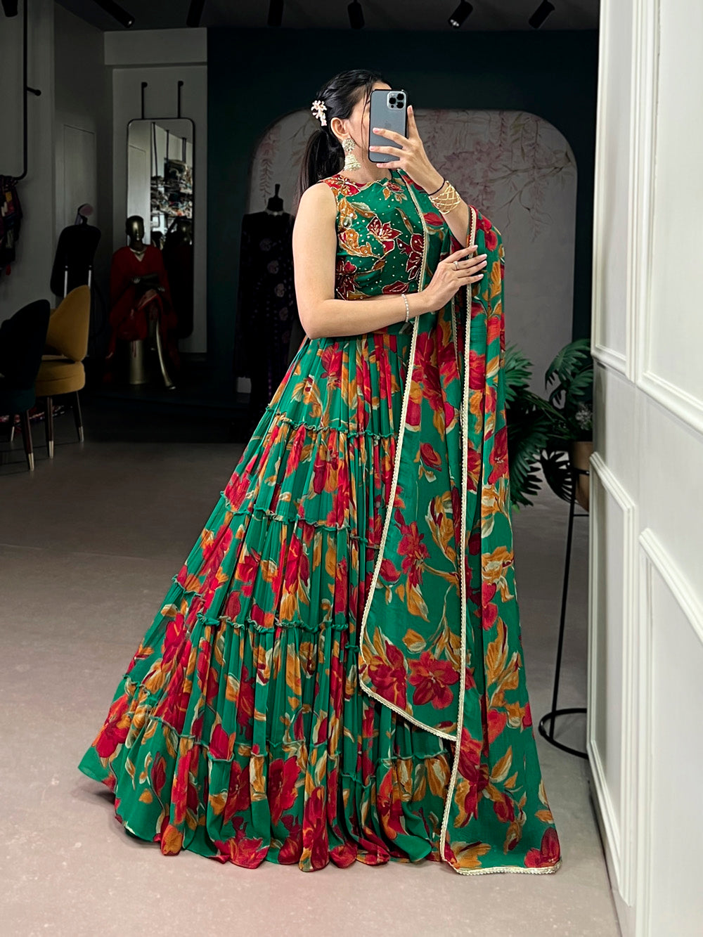 Green Color Floral Printed Marbel Chaniya Choli