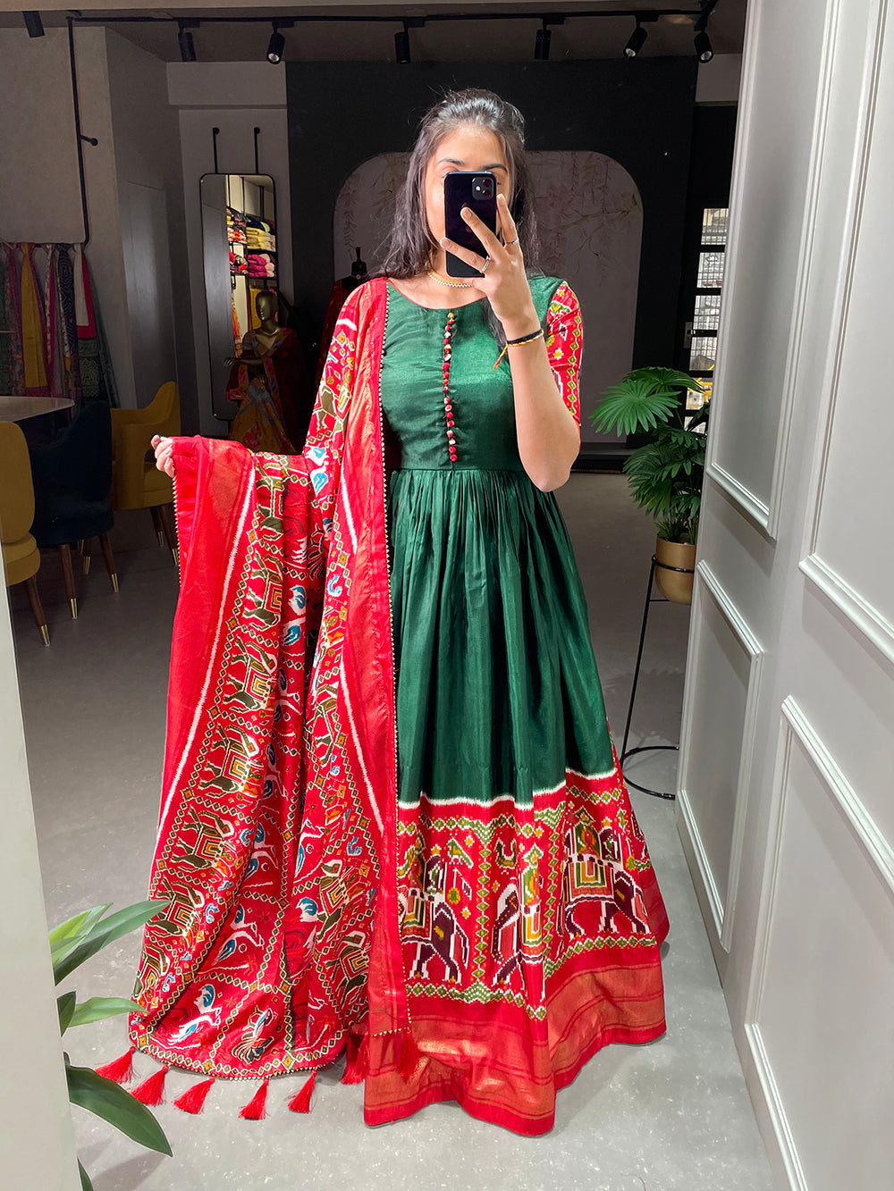 Green Color Patola And Foil Printed Dola Silk Dress