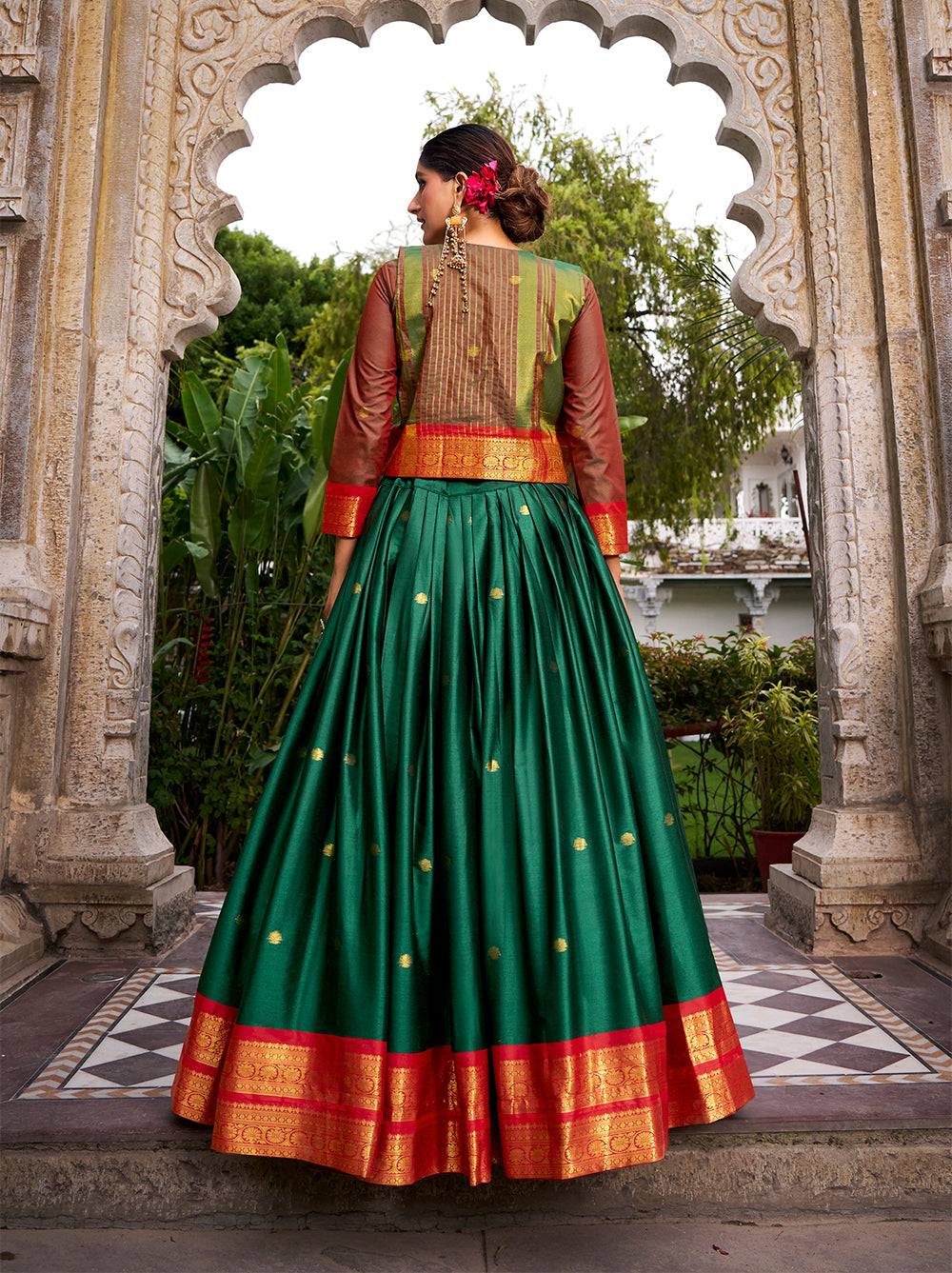 Green Color Zari Weaving Work Poly Cotton Lehenga Choli