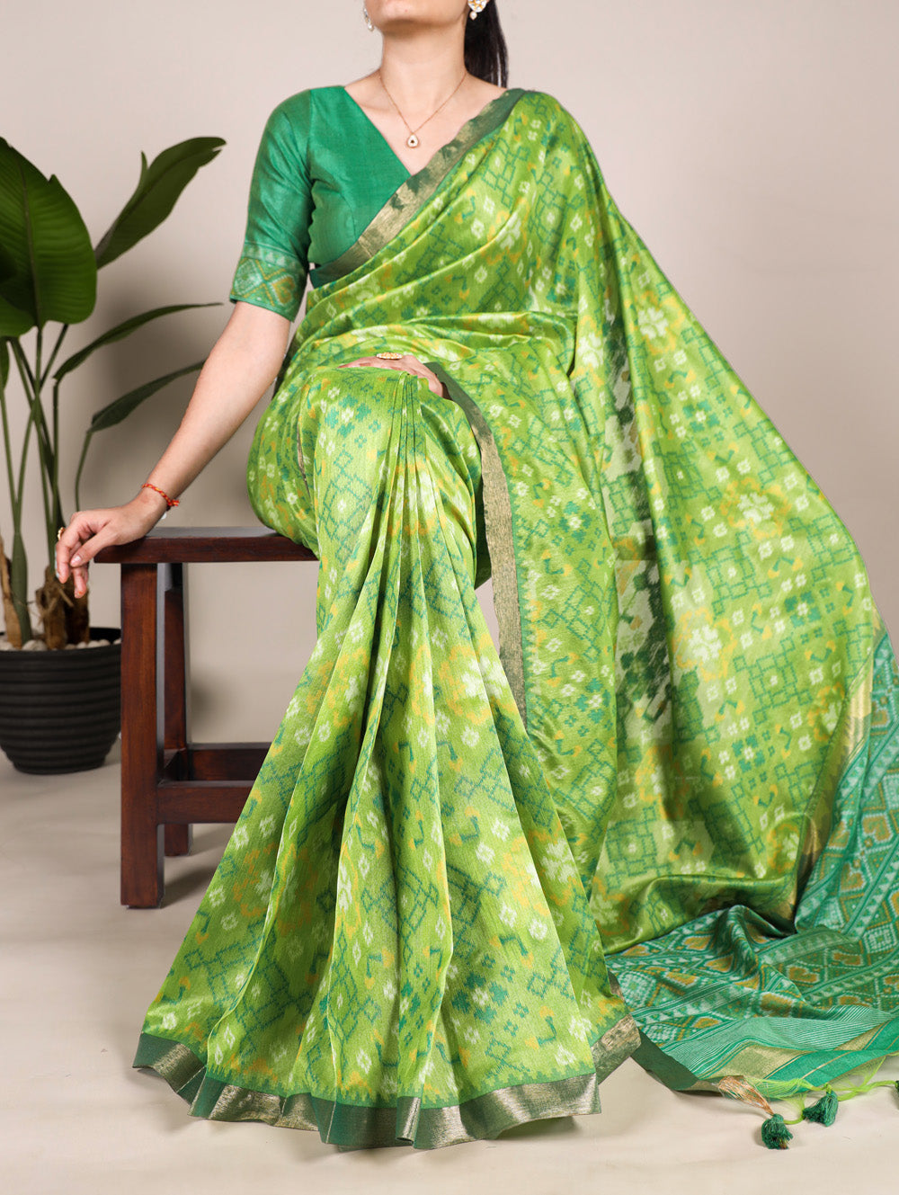 Parrot green Patola print Jacquard silk saree