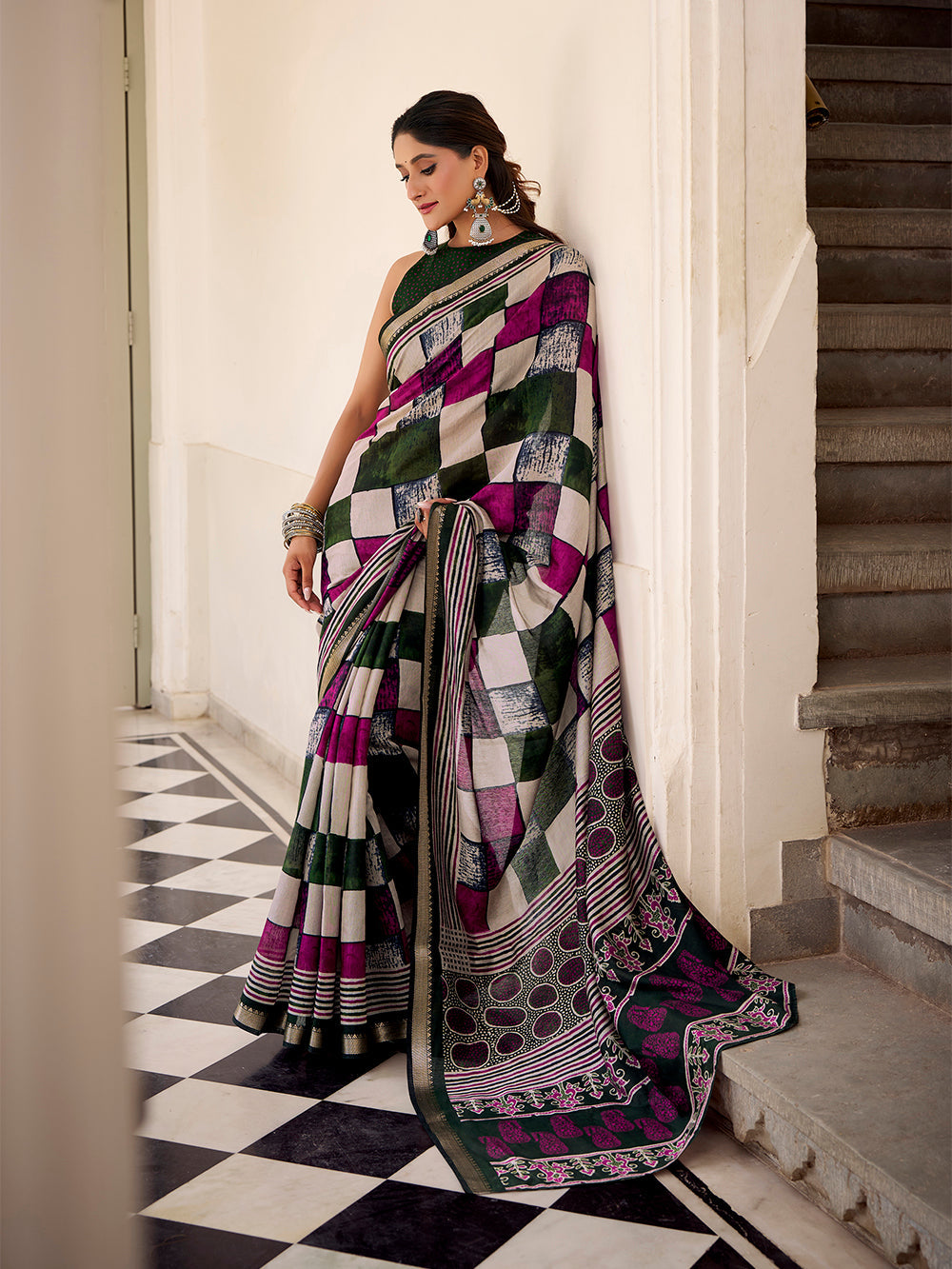 Green viscose chanderi check print saree