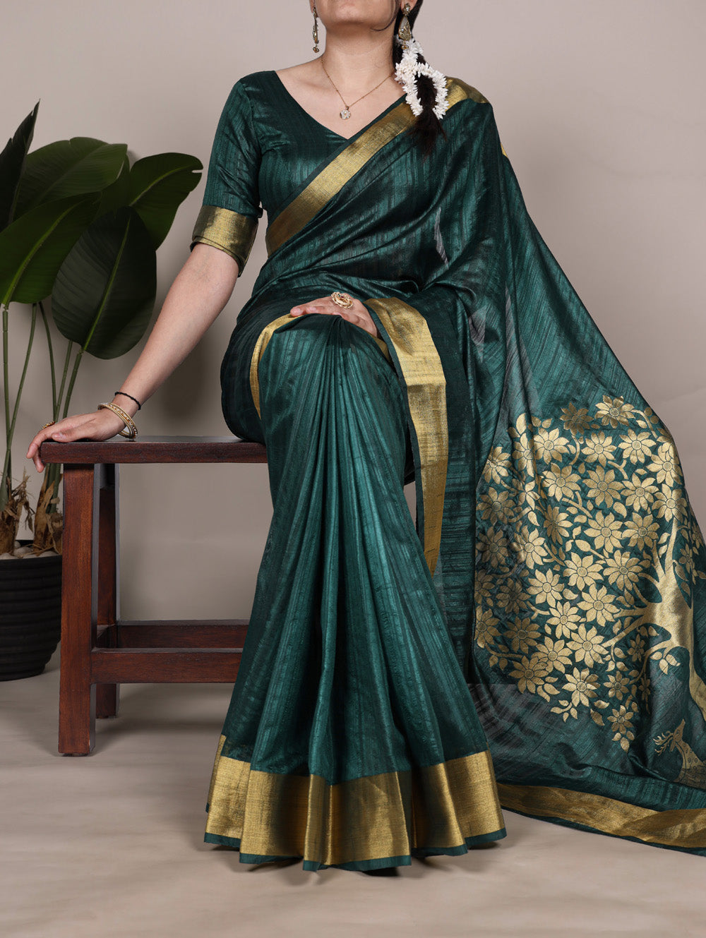 Green raw silk saree with zari weaving