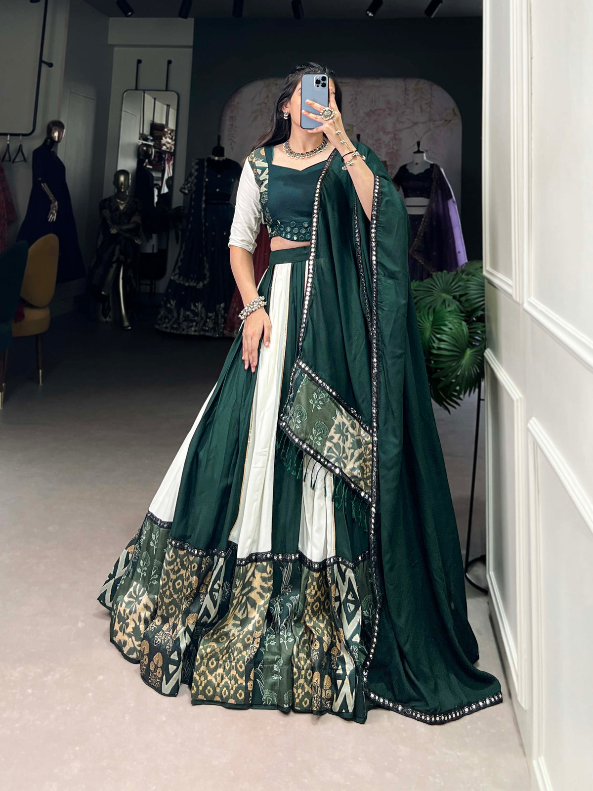 Green Color Plain And Printed With Paper Mirror Work Rayon Lehenga Choli