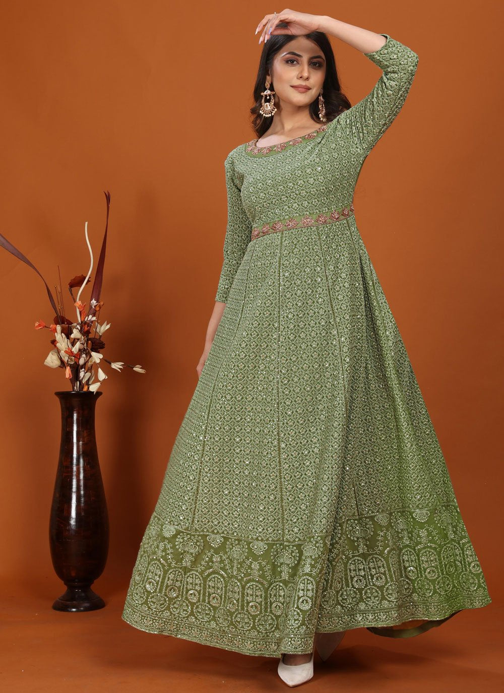 Green Color Readymade Embroidered Indian Gown