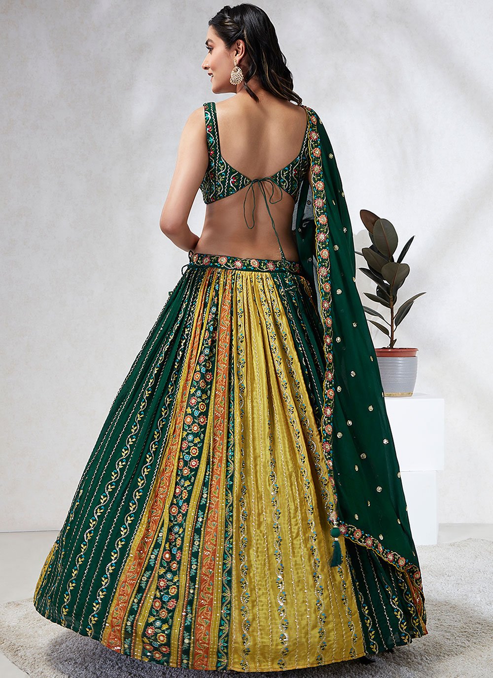 Green Color Silk Chiffon Sequins And Mirror Work Lehenga Choli