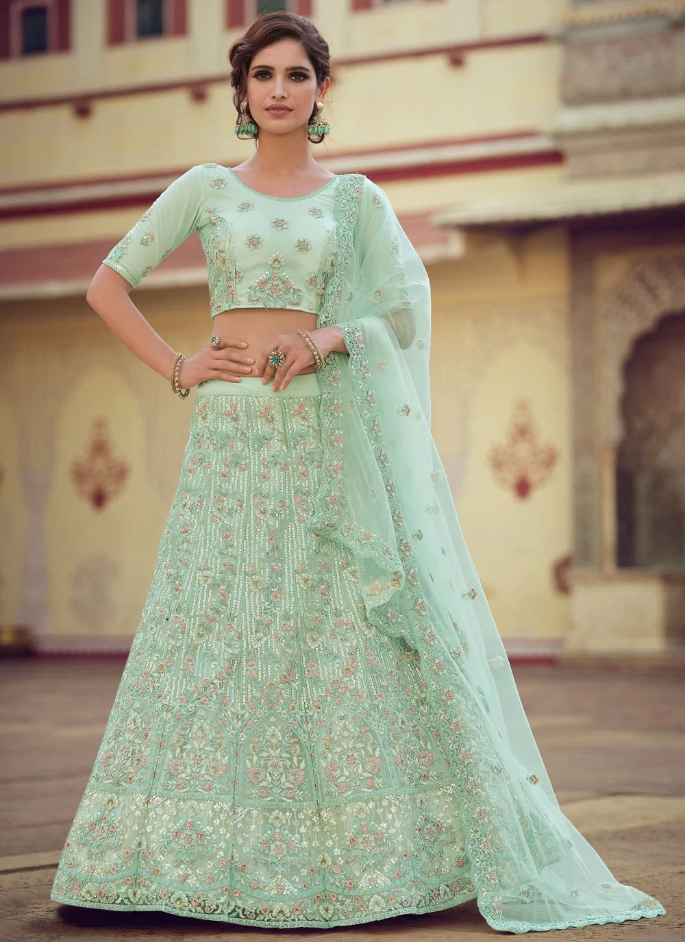 Best Indian Wedding Function Lehenga Green Color Soft Net