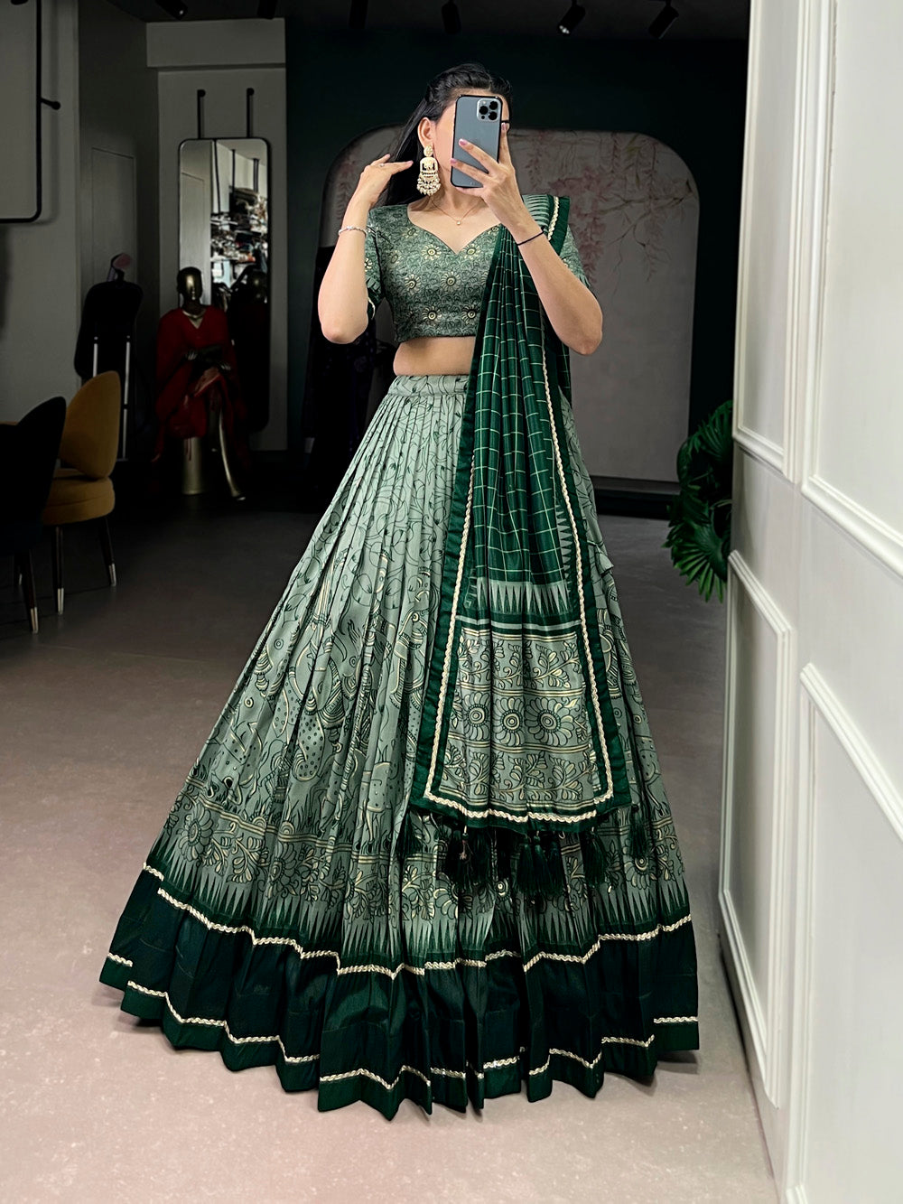 Green Color Kalamkari Printed Lehenga Choli