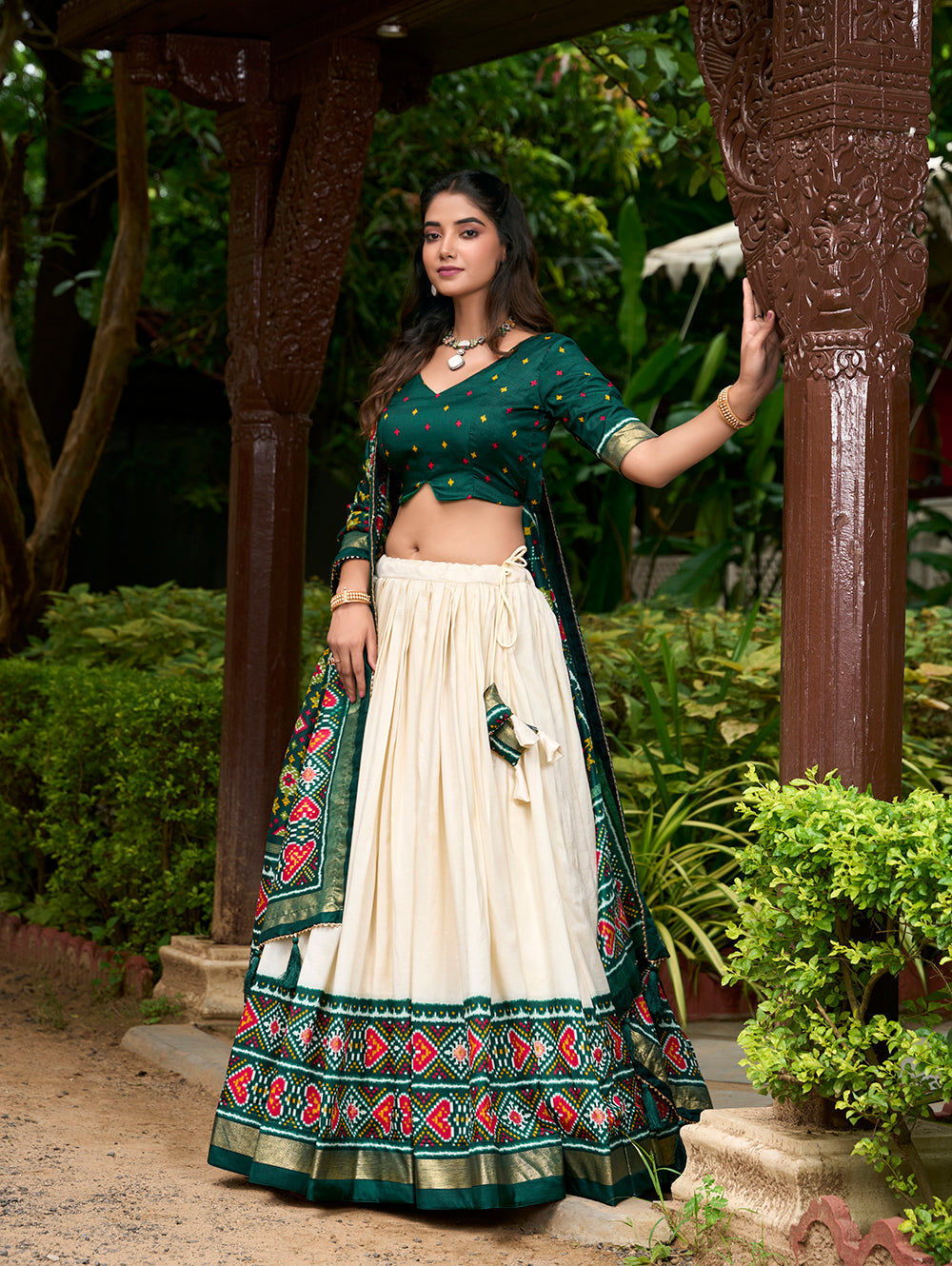 Green Color Patola Print With Tussar Silk Lehenga Choli