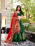 Green Tussar silk lehenga with foil print and lace work