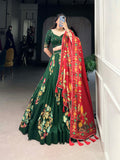 Green Color Printed And Foil Work Tussar Silk Lehenga Choli