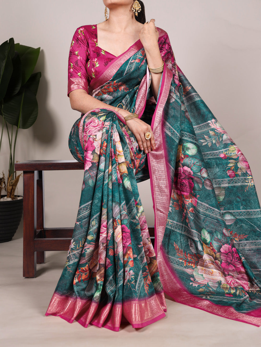 Green saree with viscose woven border