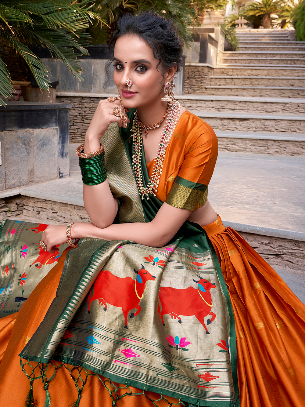 Orange Color Zari Weaving Work Jacquard Silk(Paithani) Lehenga Choli