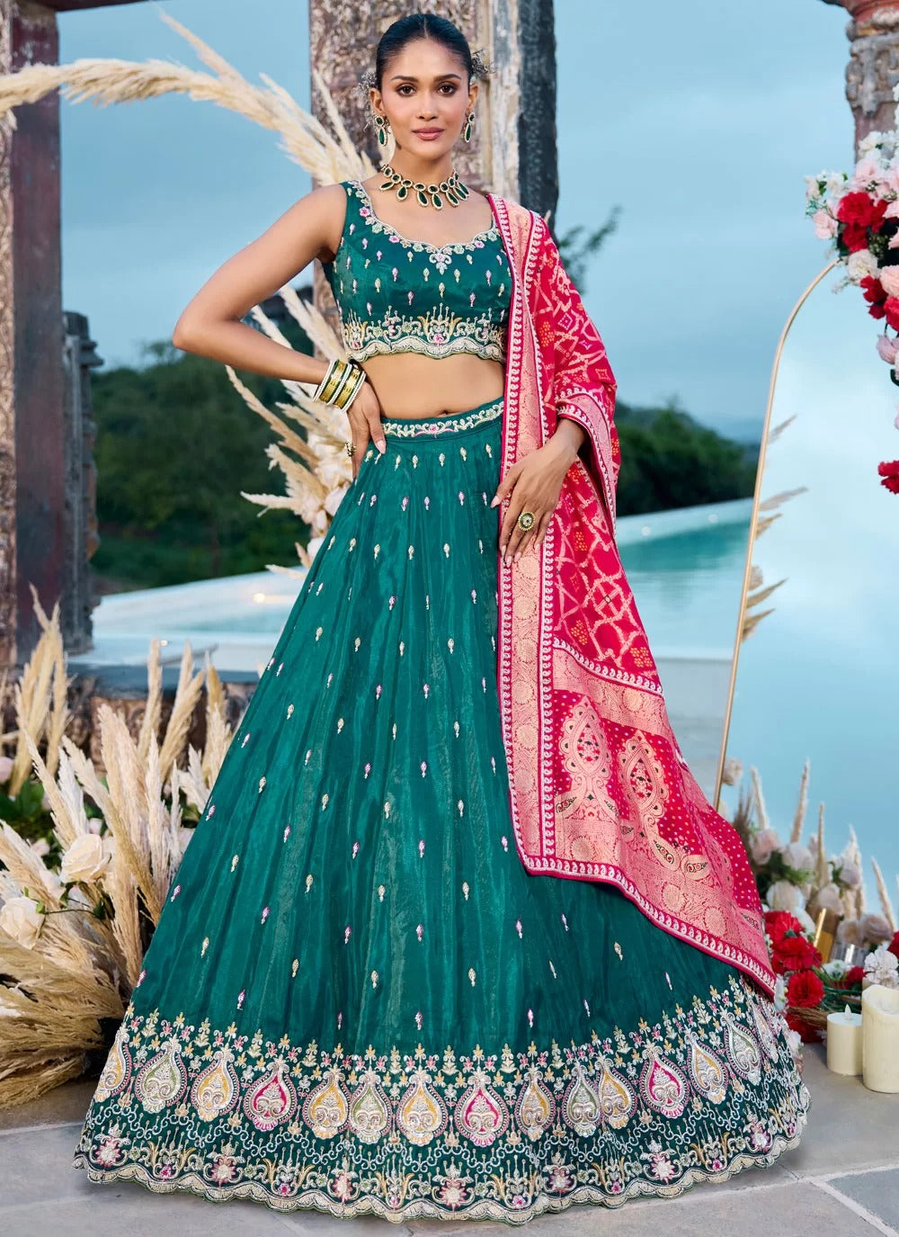 Wedding lehenga for women in green cosmos silk with sequin embroidery & banarasi dupatta