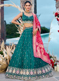 Wedding lehenga for women in green cosmos silk with sequin embroidery & banarasi dupatta