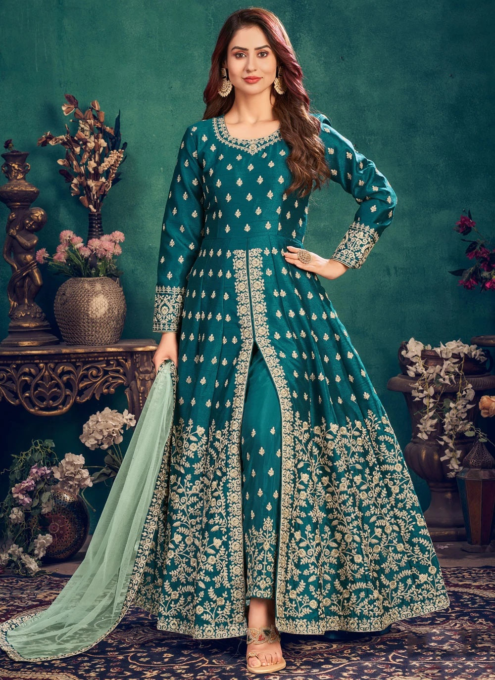 Green Designer Heavy Embroidery Art Silk Anarkali Gown Suit 
