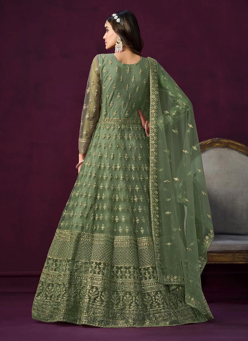 Green Designer Net Sequins Embroidered Anarkali salwar Suit