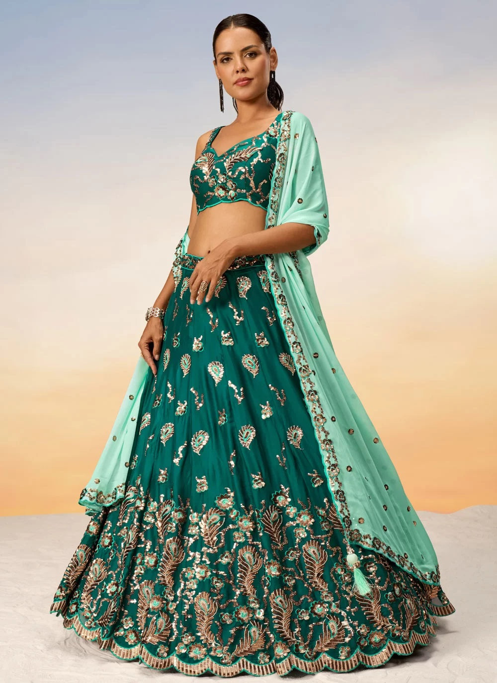 Green Designer Sequins and Coding thread Embroidery Work Bridesmaid Lehenga